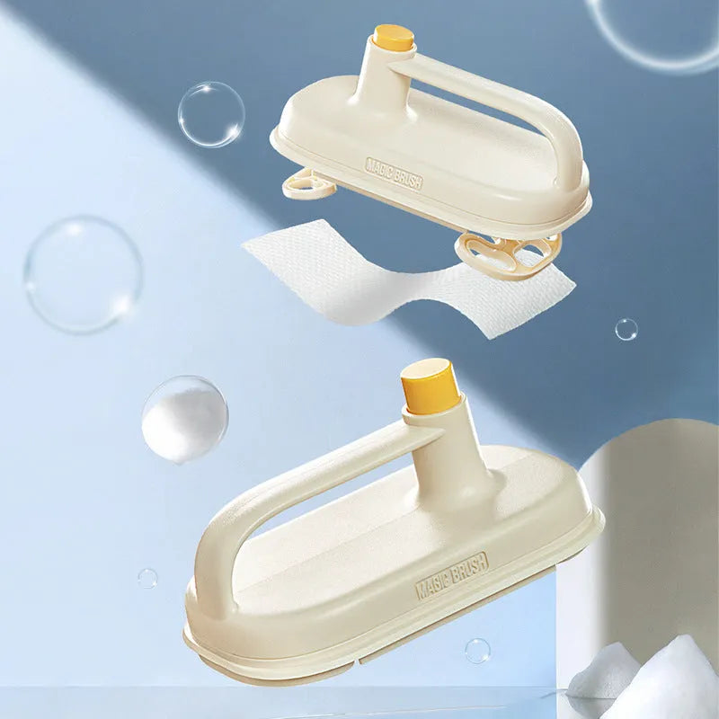 Magic disposable cleaning brush with plastic handle and packet of 50 white non-woven fabric refill wipes.