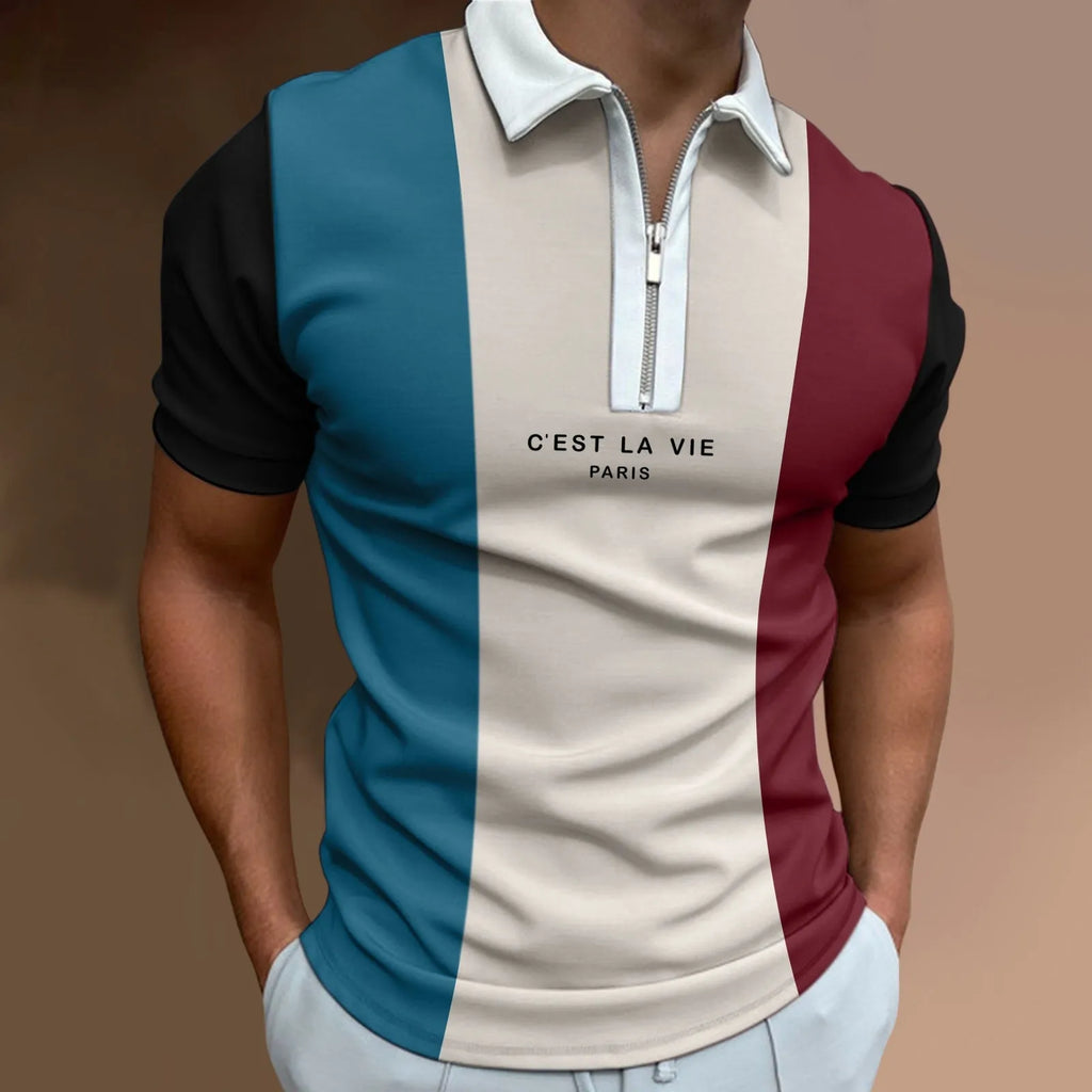 Men's summer polo shirt with zip detail and colour block design, milk silk blend, sizes S to XXXL