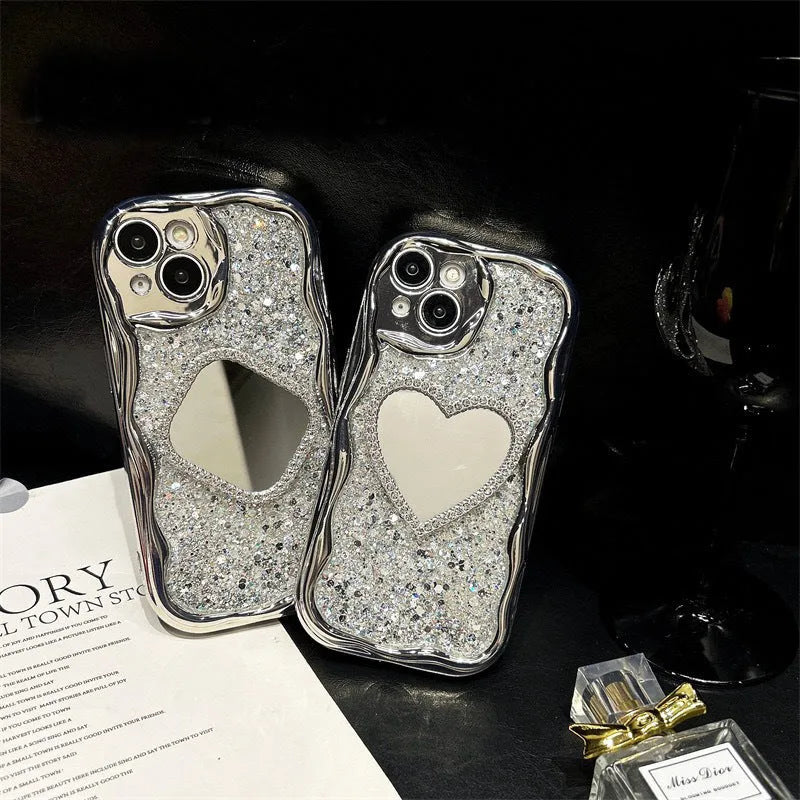 Cream shell high flash epoxy phone case with heart shape mirror in Silver for Apple iPhone