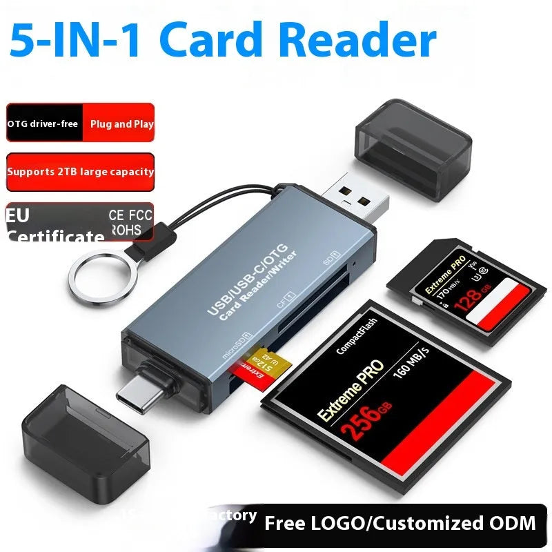 CF SD TF three-in-one aluminium alloy USB card reader shown with dimensions