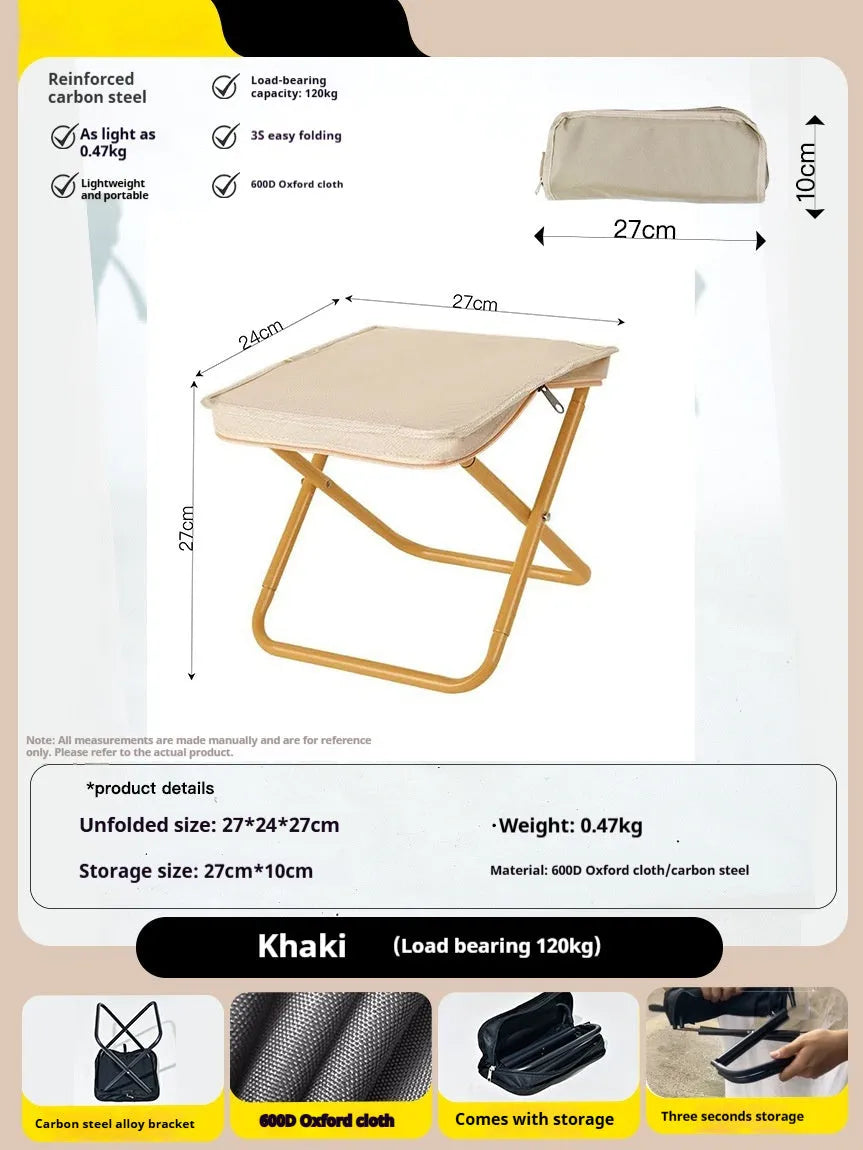 Lightweight foldable camp stool in khaki with an attached crossbody bag, shown in a compact, portable form.