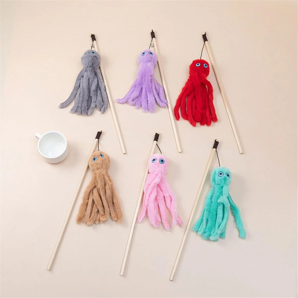Octopus-themed cat toy with long stick in bright colours for indoor kitten play