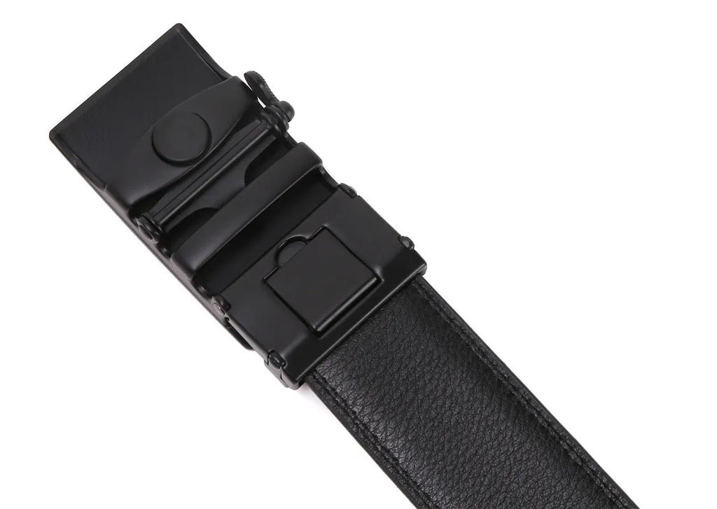 Men's automatic buckle belt in black artificial leather with silver alloy rectangular buckle on white background
