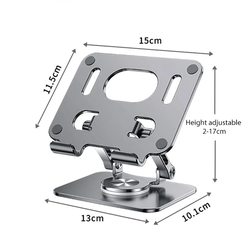 Rotating tablet stand in silver colour showing height adjustment and aluminium panel for device support
