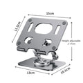 Rotating tablet stand in silver colour showing height adjustment and aluminium panel for device support