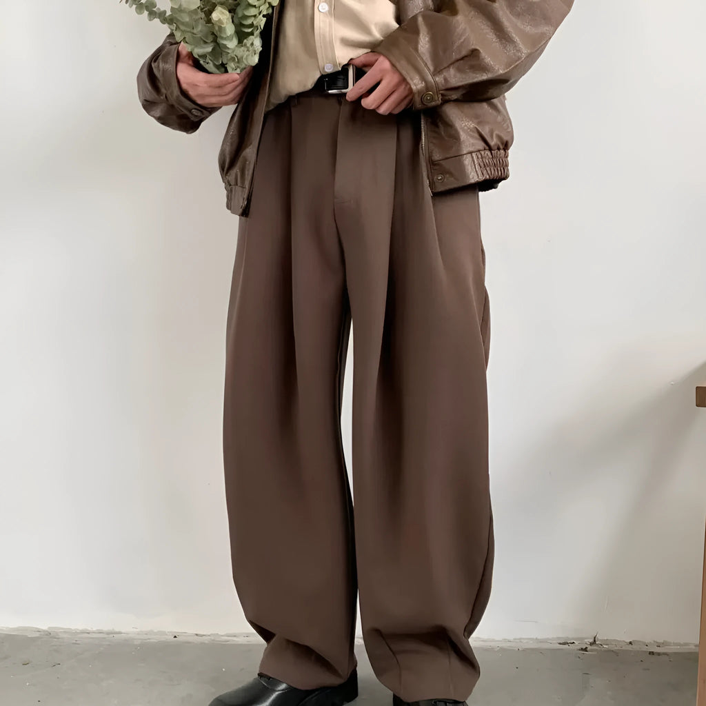 Men's Japanese retro wide-leg drape suit pants in black or brown, sizes M-3XL, loose polyester blend