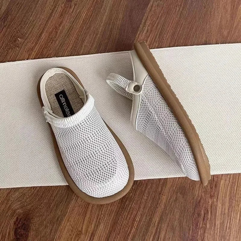 Women's linen slip-on shoes with mesh lining and rubber soles in beige, black and khaki colours