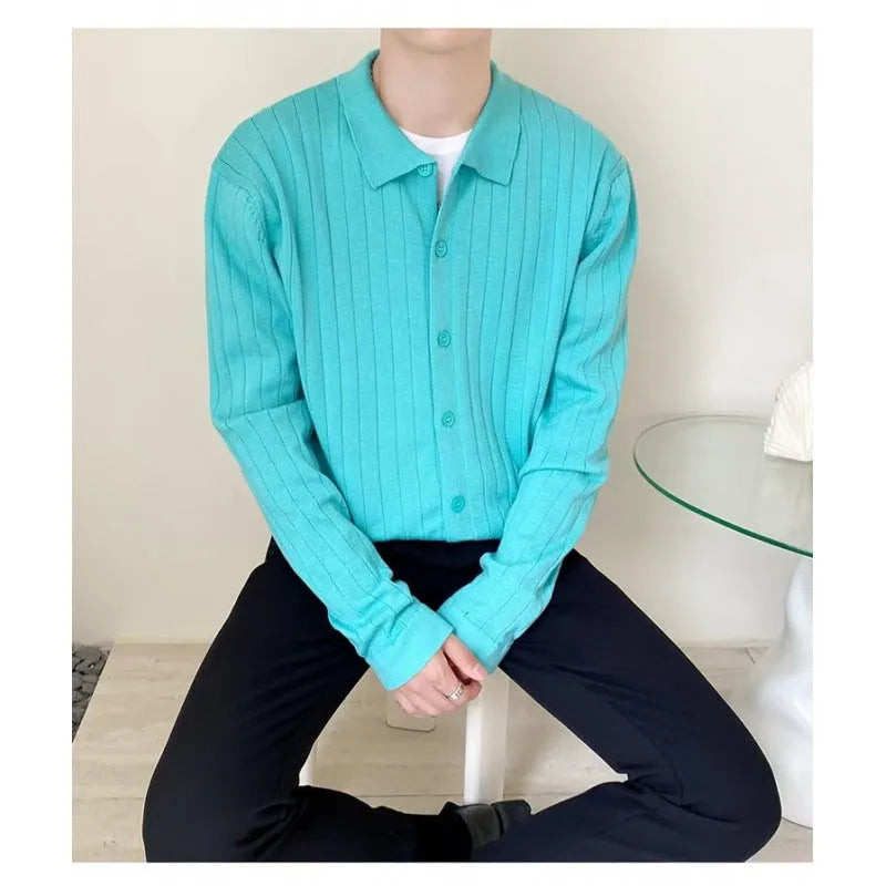Men's casual loose lapel chenille sweater cardigan in green, cotton blend, sizes M to 3XL