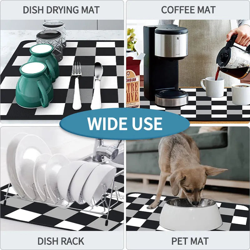 Square black kitchen drain mat with rubber backing placed under coffee machine on countertop