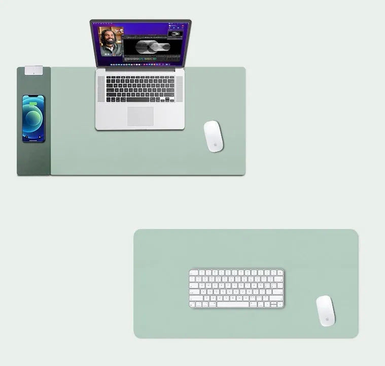 15W wireless charging desk mat with PU colour-changing leather surface and metal stamping finish on a desk