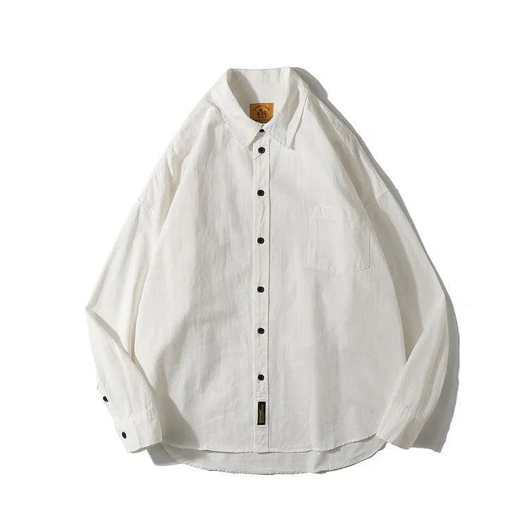 Men's loose fitting pure colour cotton cardigan shirt on a hanger, showing short sleeve and long sleeve style options.