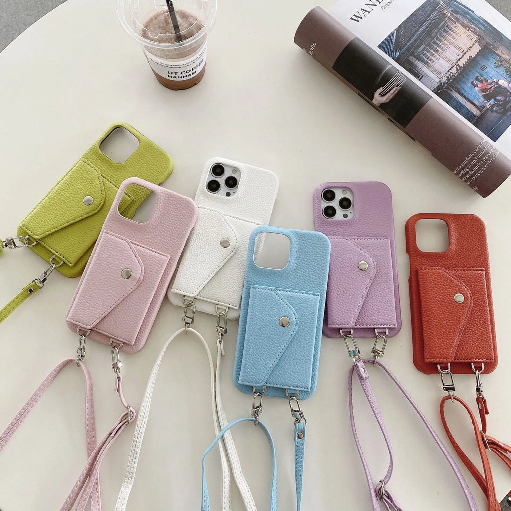 White PC leather card holder crossbody phone case with lychee pattern, triangle veil card slot, and lanyard for iPhone