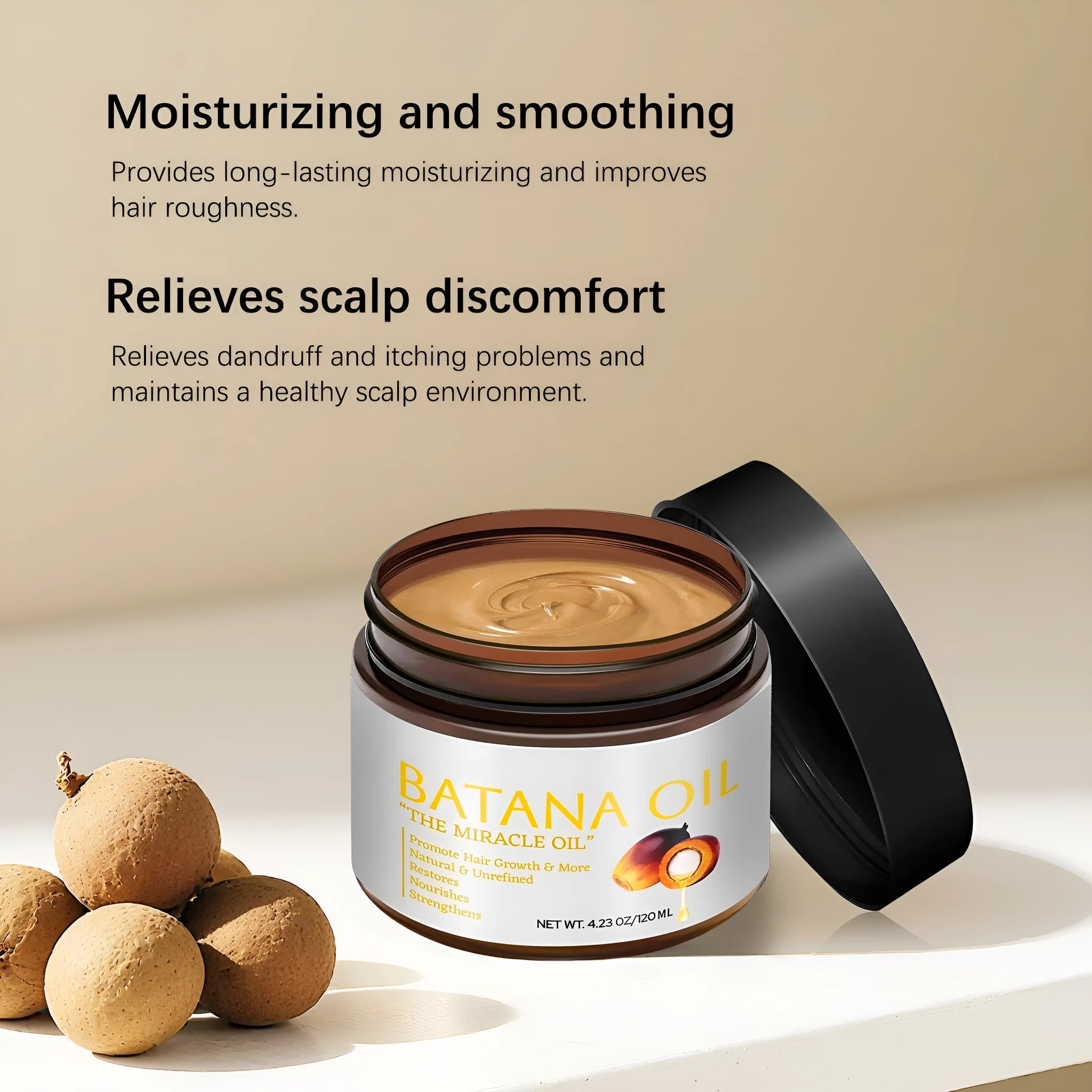 Batana Hair Mask bottle, 120ml net content, for nourishing and softening frizzy hair.