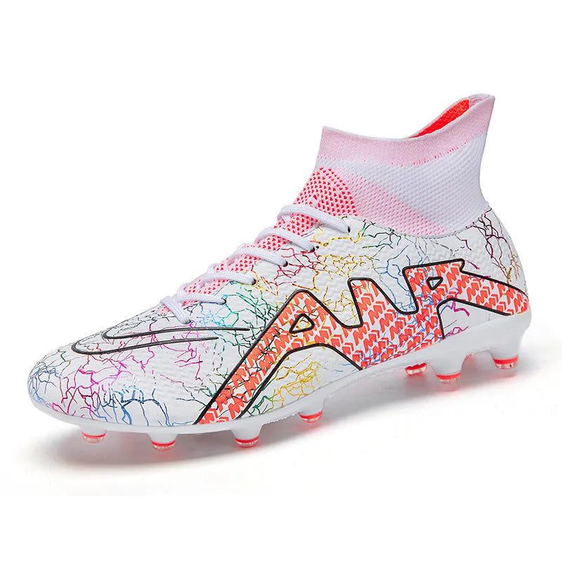 High-top football boots with rubber studded sole and breathable upper, available in black gold and white orange