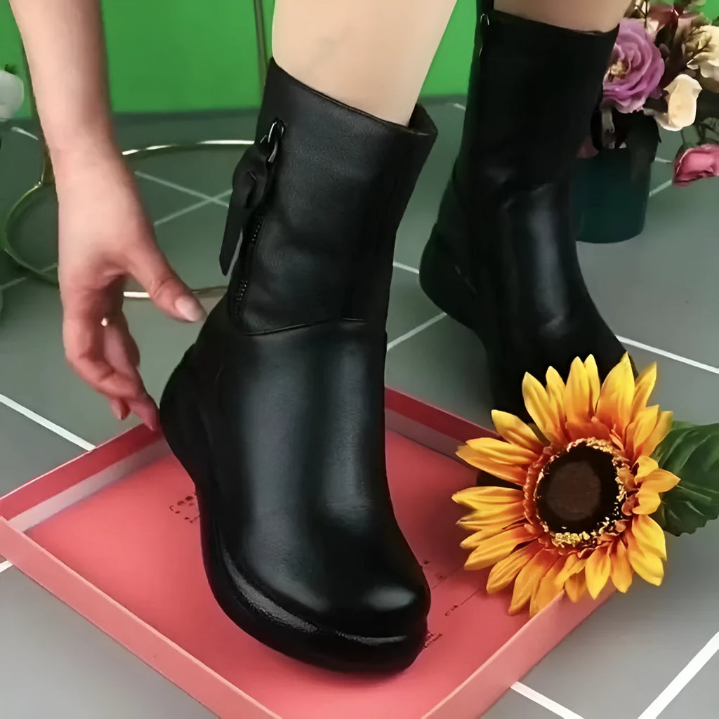 Retro British style cowhide middle boots with side zipper and rubber sole for women