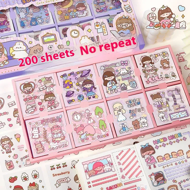 Box of children's stickers showing five cute designs including Meatball Cute Everyday and Peach Tea Party.