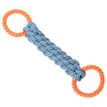 Blue braided bone rope dog toy with double rings for chewing and dental care