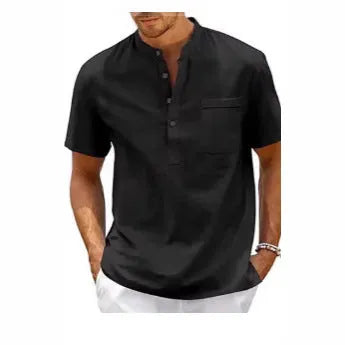Men's solid colour loose-fit polo shirt with stand collar and short sleeves.