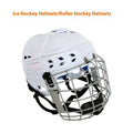 Adult ice hockey helmet with protective wire face mask showing impact-resistant shell construction