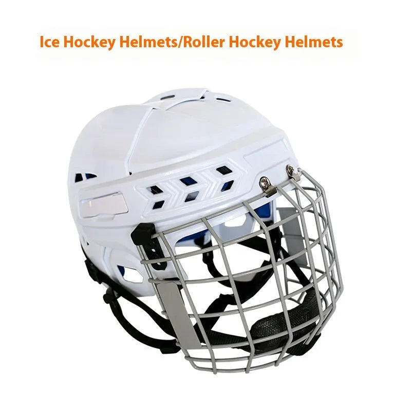 Adult ice hockey helmet with protective wire face mask showing impact-resistant shell construction