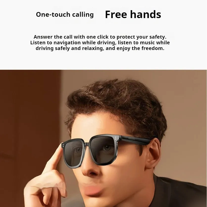 Black AI smart glasses with Bluetooth audio, call functions, and UV protection lenses