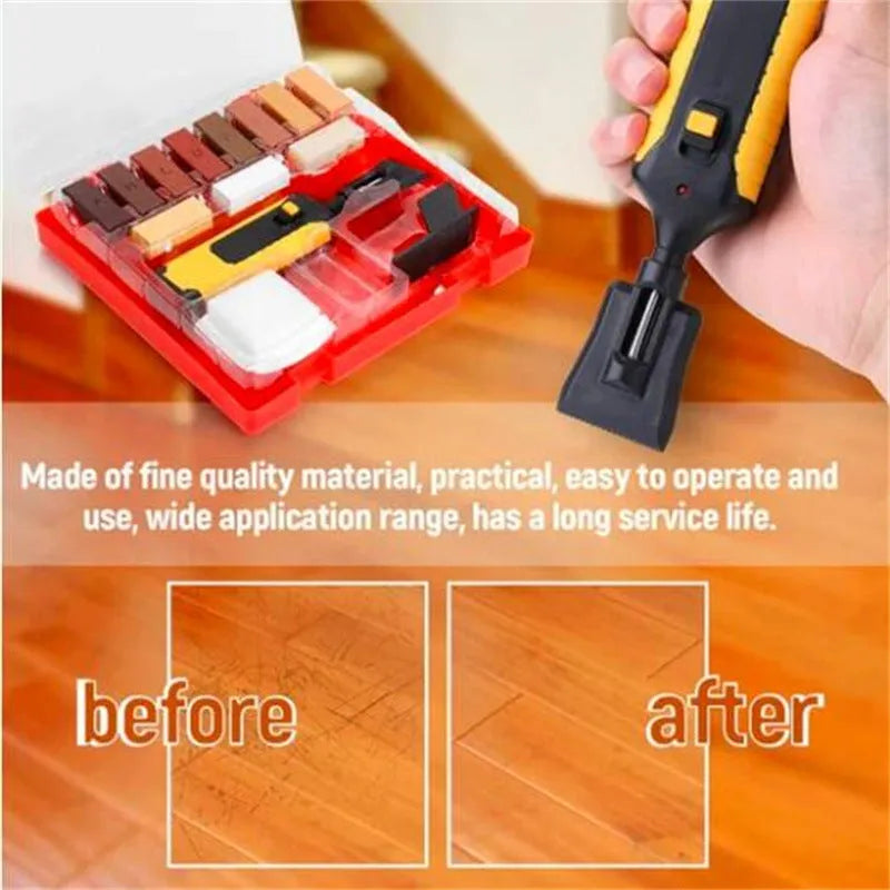DIY floor tile repair tool set with coloured wax sticks for scratch and chip restoration