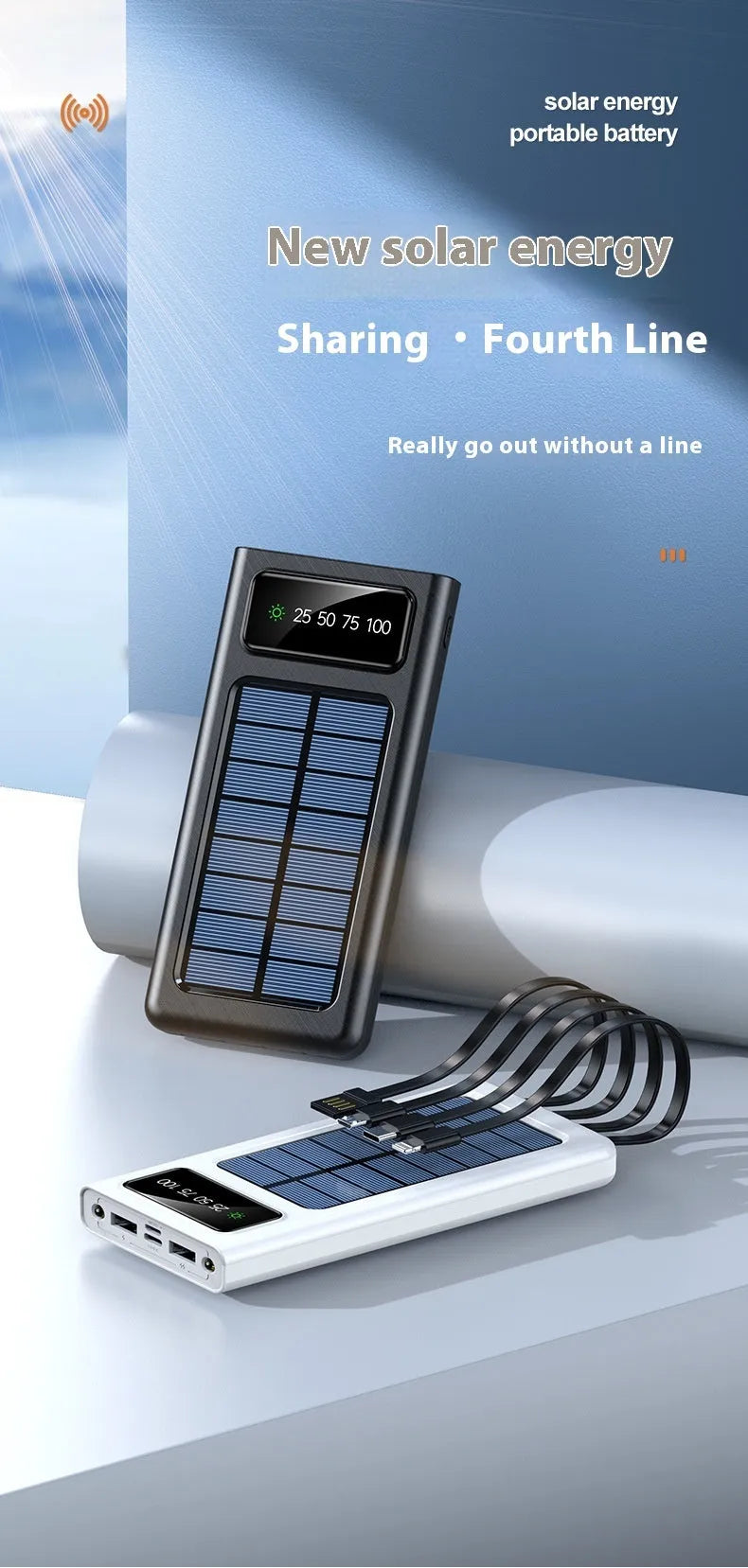 Solar power bank with four attached charging cables in black or white colour options