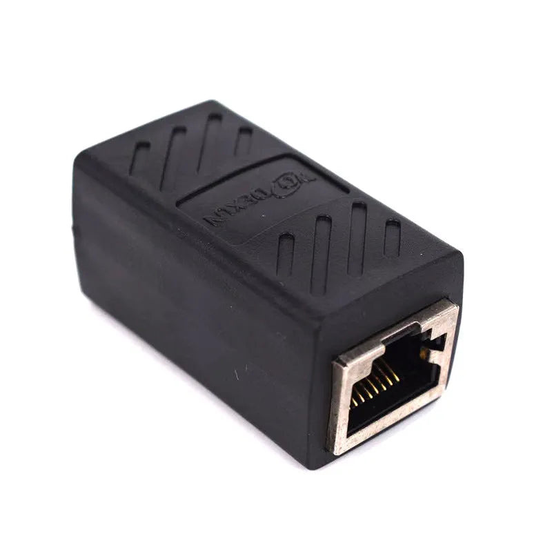 Black RJ45 network cable extender adapter for Ethernet connections