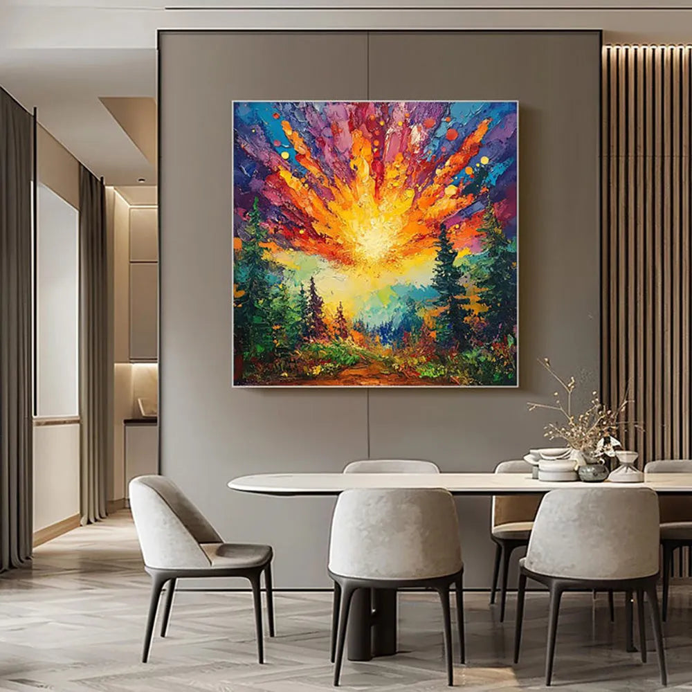Hand-painted oil painting of a sun rising in a deep forest with brilliant light, square canvas wall art without frame