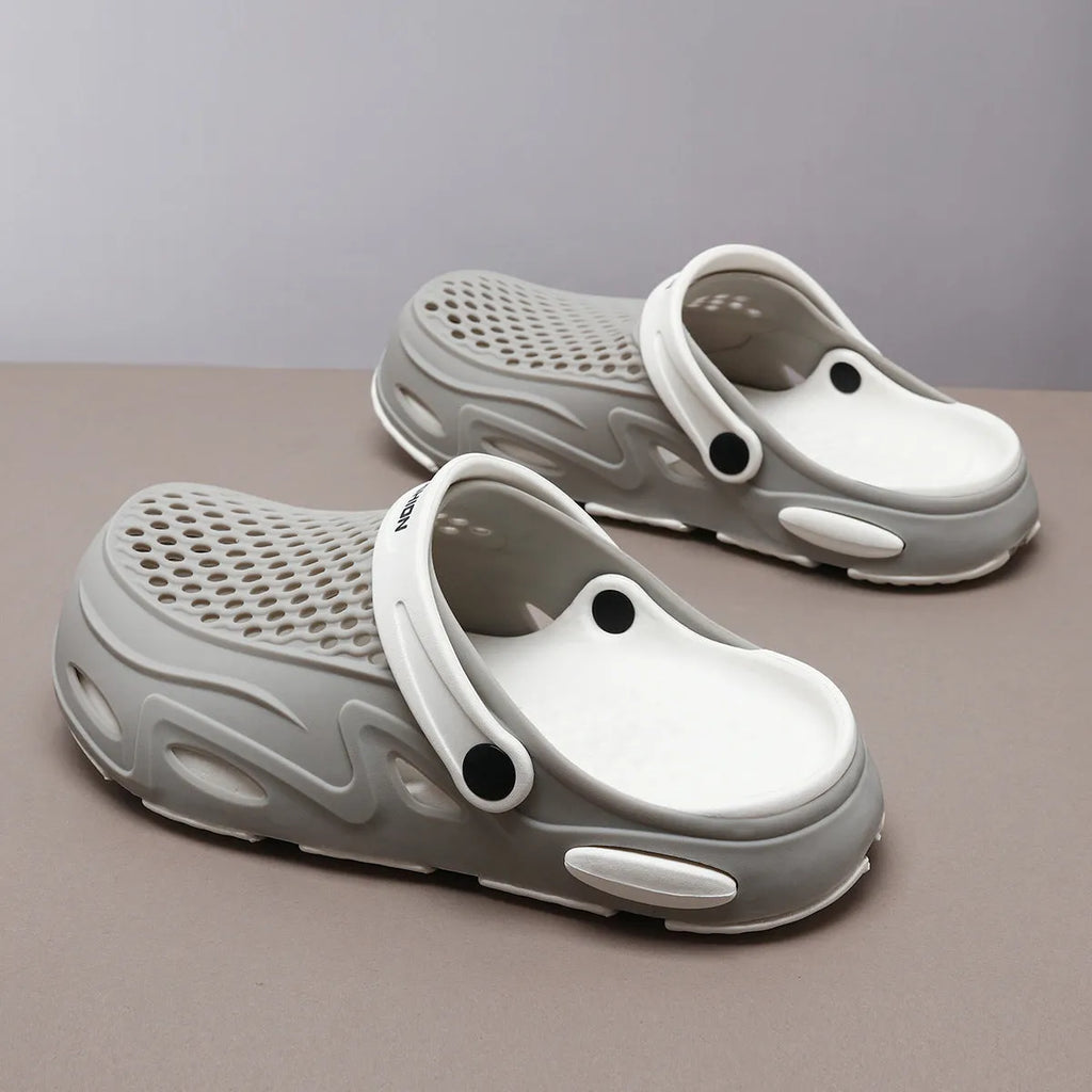 Men's grey closed toe EVA beach slippers with grid pattern upper and non-slip sole