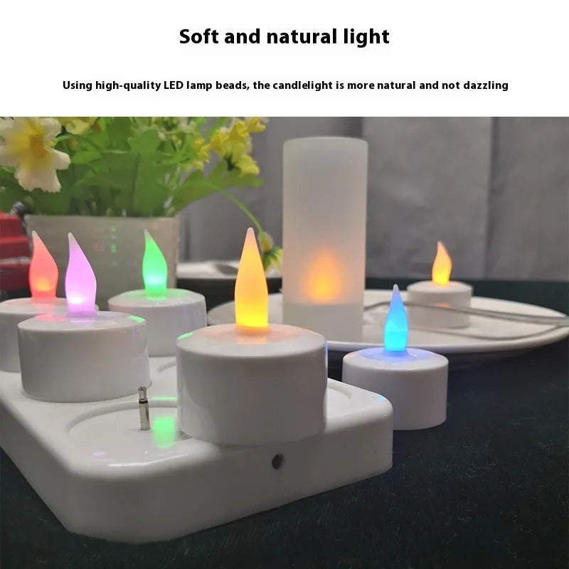 6-seat LED charging electric candle lamp set with white shell base, six yellow candle cores, cup covers, and charger