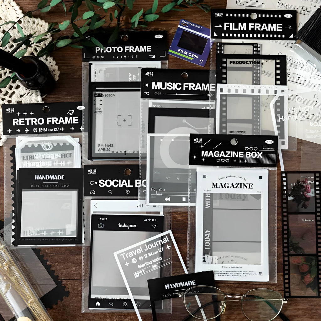 Pack of 15 transparent retro-themed frame stickers for journaling, including photography, music, and social designs.
