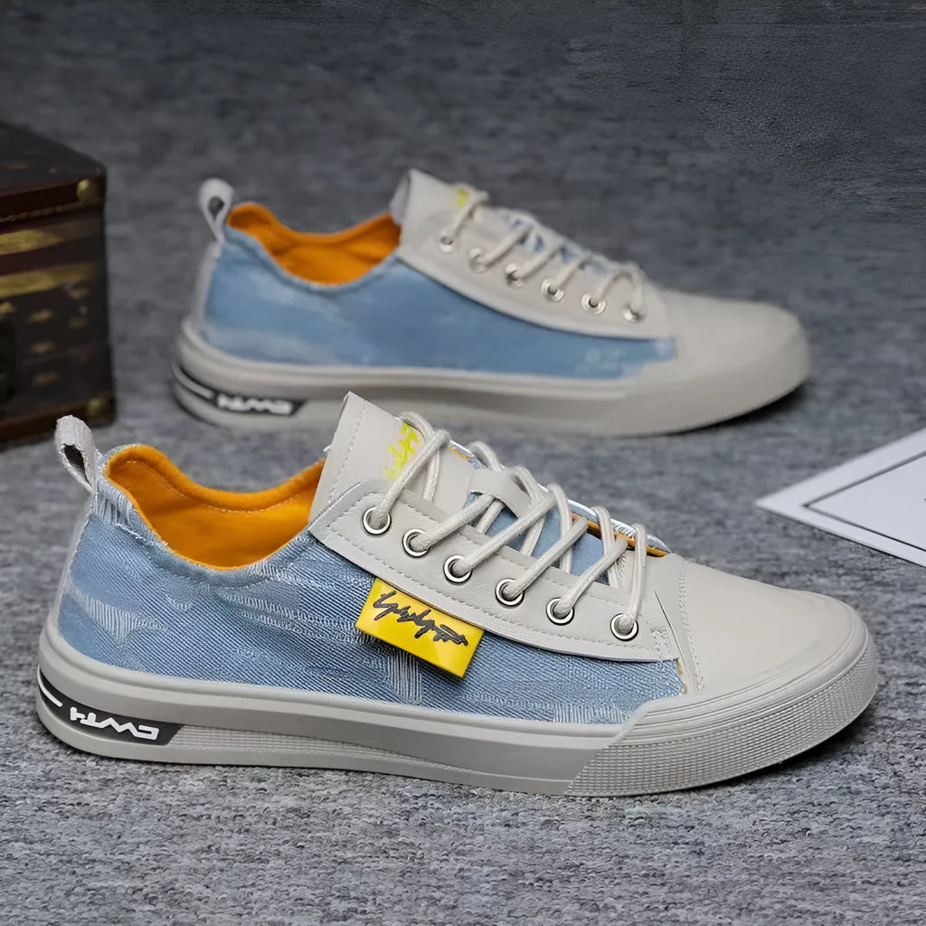 Men's round-toe canvas casual shoes in dark blue with lace-up front and rubber sole