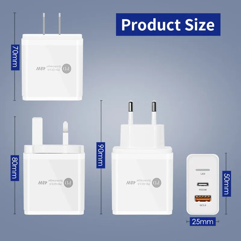 PD48W travel charger with British three-pin plug in black and white options showing compact dimensions