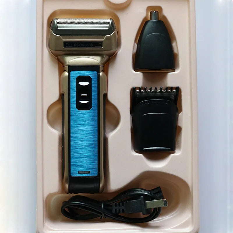Electric shaver with comb and nose hair trimmer set on white background, 15.2 x 8.5 cm