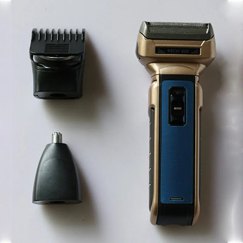 Electric shaver with comb and nose hair trimmer set on white background, 15.2 x 8.5 cm