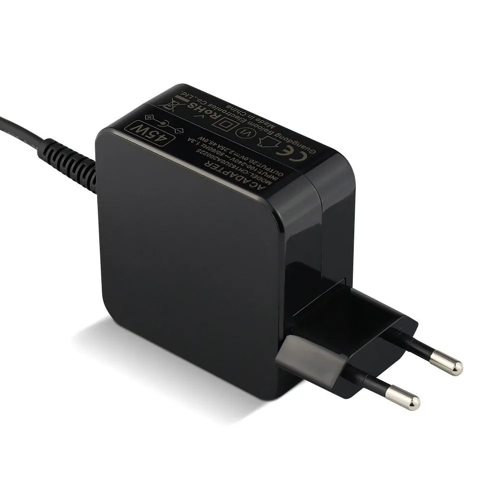 Black 45W laptop adapter with American standard DC connector plug and included charging cable