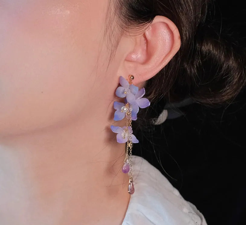 Handmade cold blue purple flower long tassel water drop earrings with gold-plated inlaid artificial gem