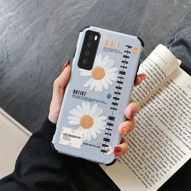 Samsung Daisy TPU phone case back cover with daisy decal in Japanese Korean style, Blue colour, fitted on a Samsung phone