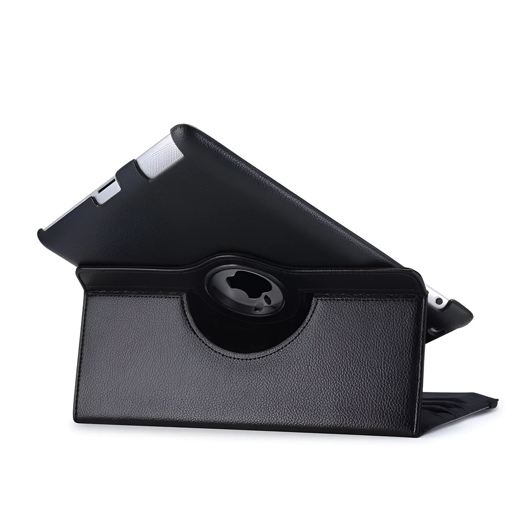 iPad PU leather clam shell case in various colours, shown closed and open with an iPad inside.