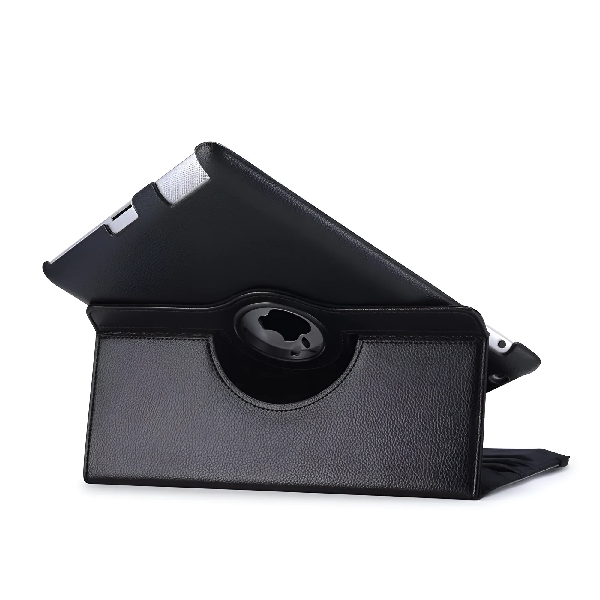 iPad PU leather clam shell case in various colours, shown closed and open with an iPad inside.