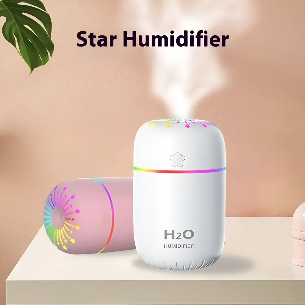 Compact white USB humidifier with 300ml water tank on office desk next to laptop
