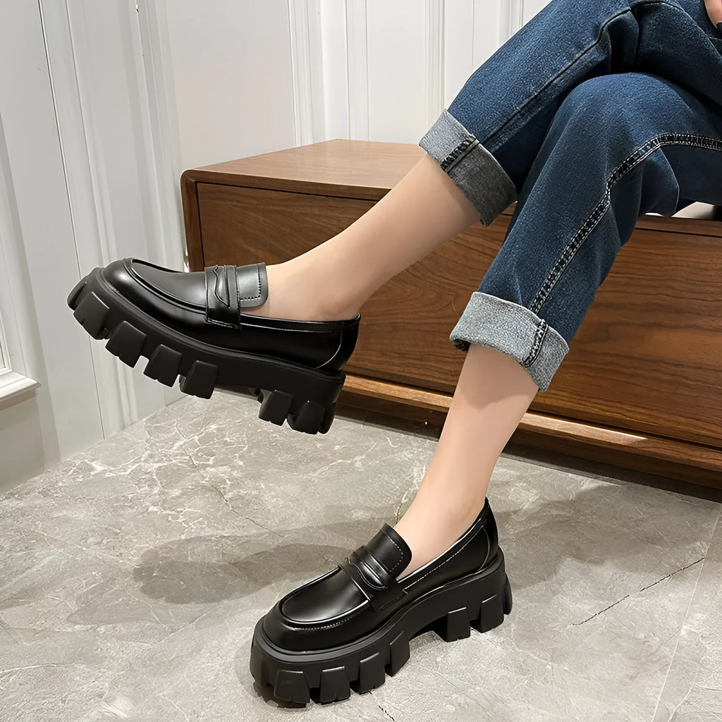 British style wide fit patent leather loafers with a rubber sole, shown in a matte finish.