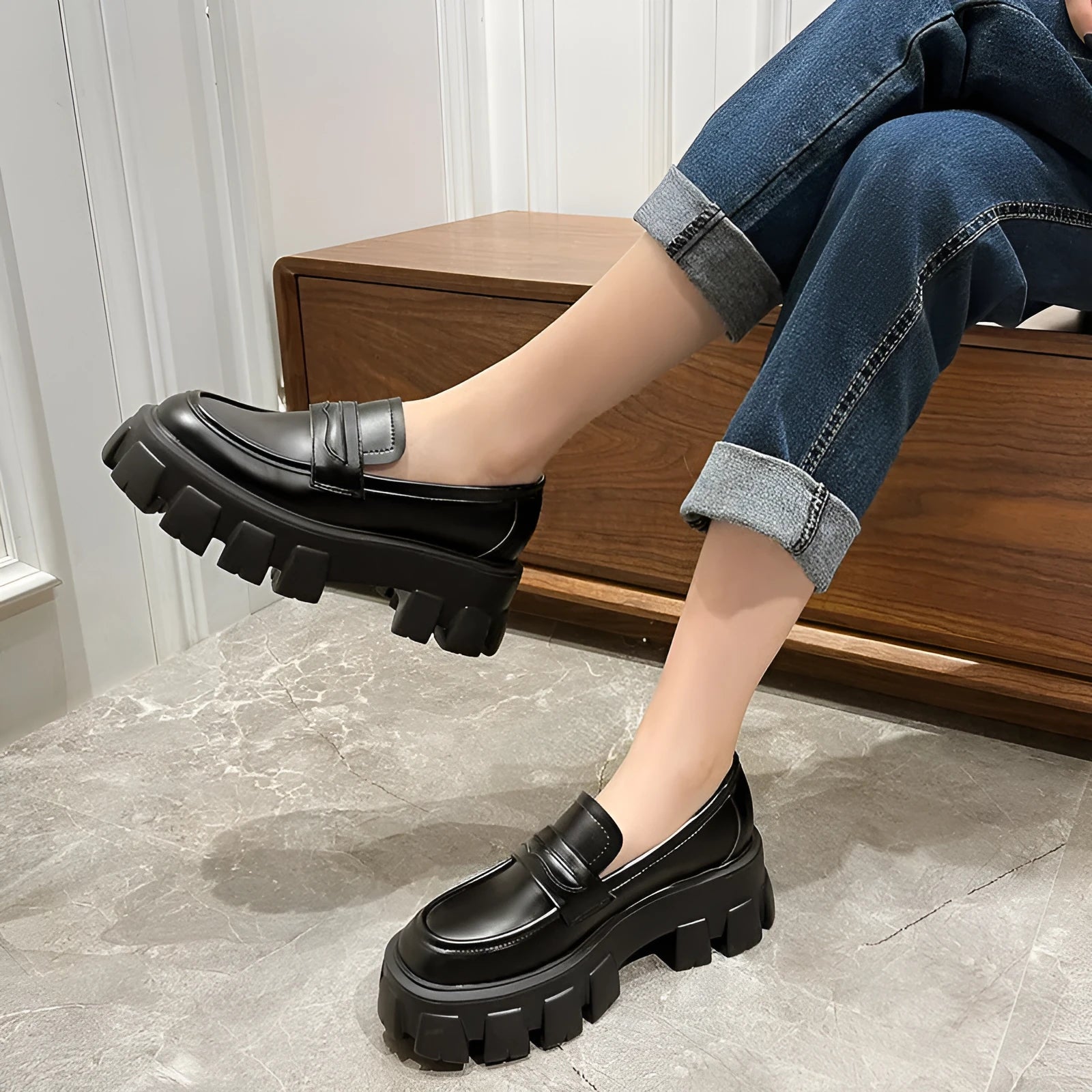 British style wide fit patent leather loafers with a rubber sole, shown in a matte finish.