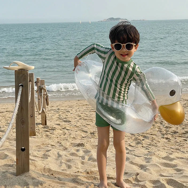 Boys' long sleeve swimsuit with three-colour striped sleeves in green, brown or sky blue, sizes 90cm to 140cm