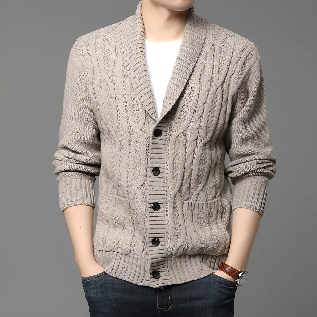 Men's Korean style jacquard knitted cardigan in chemical fibre blend for autumn winter wear