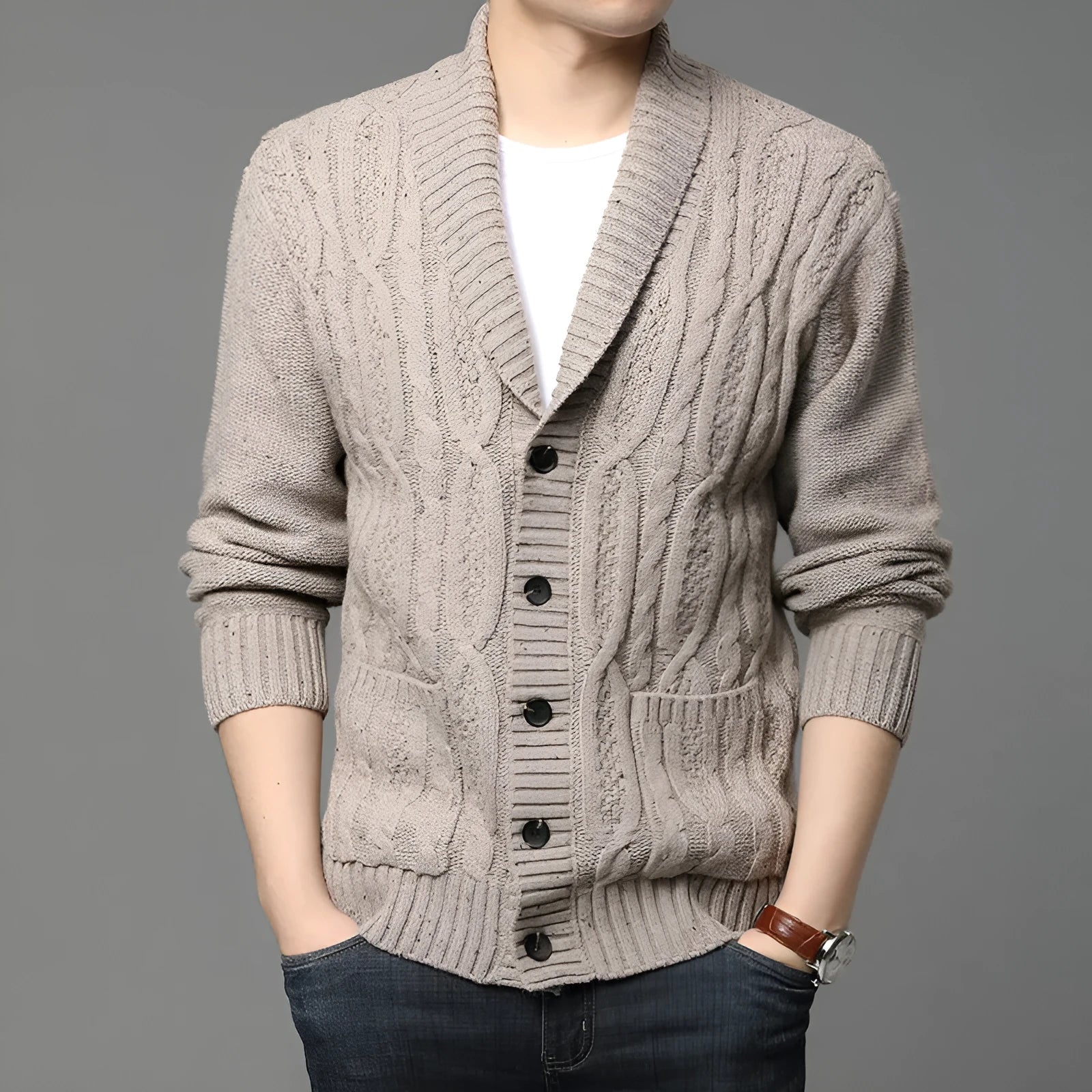 Men's Korean style jacquard knitted cardigan in chemical fibre blend for autumn winter wear