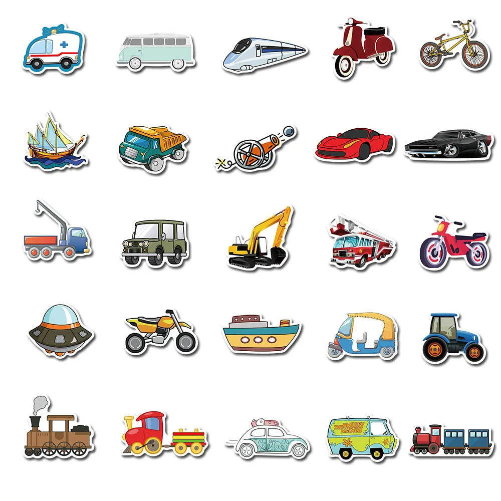 Set of cartoon vehicle graffiti stickers including an excavator, size 4-6cm, waterproof adhesive