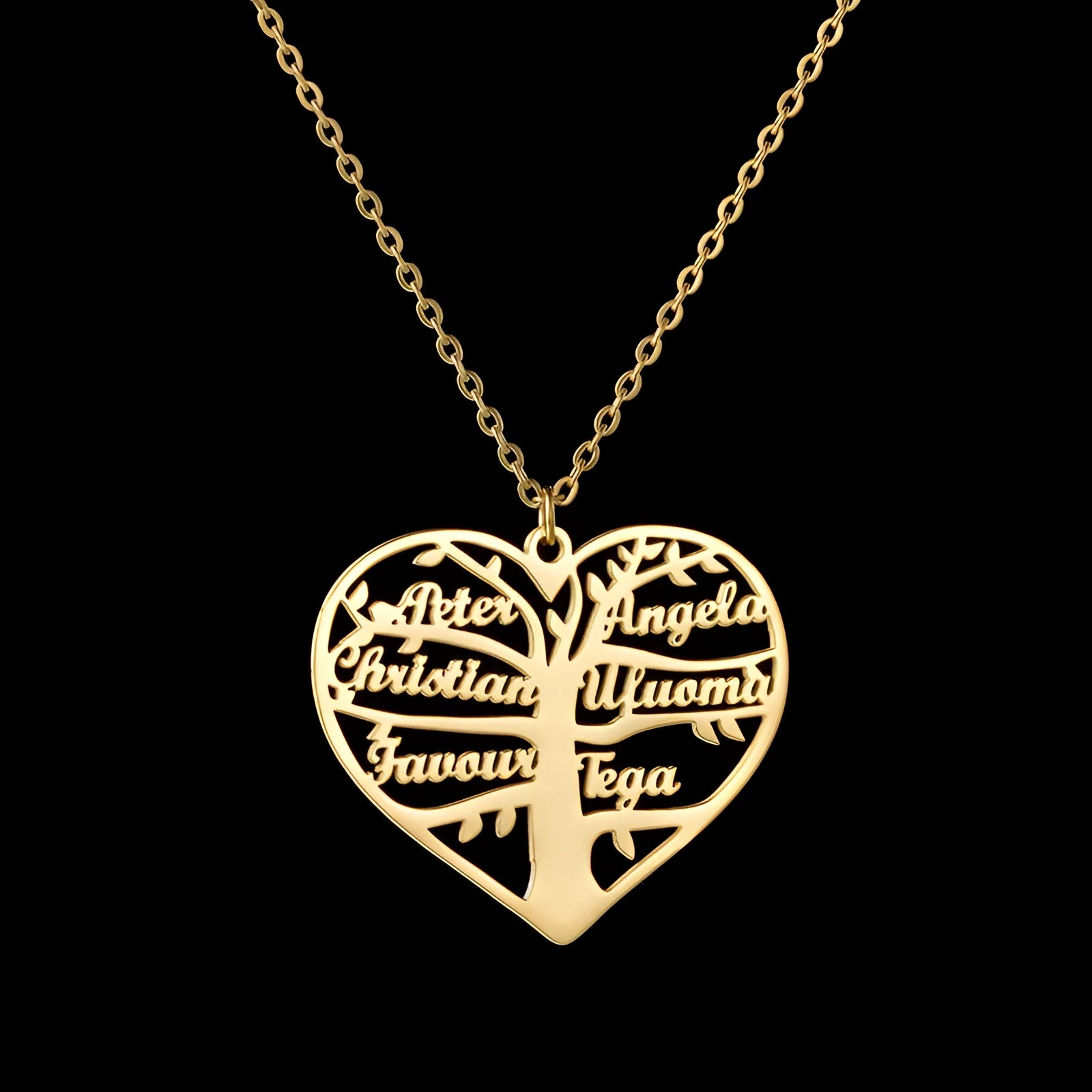 Silver personalised name necklace with hollow heart and tree pendant on a 50cm chain.
