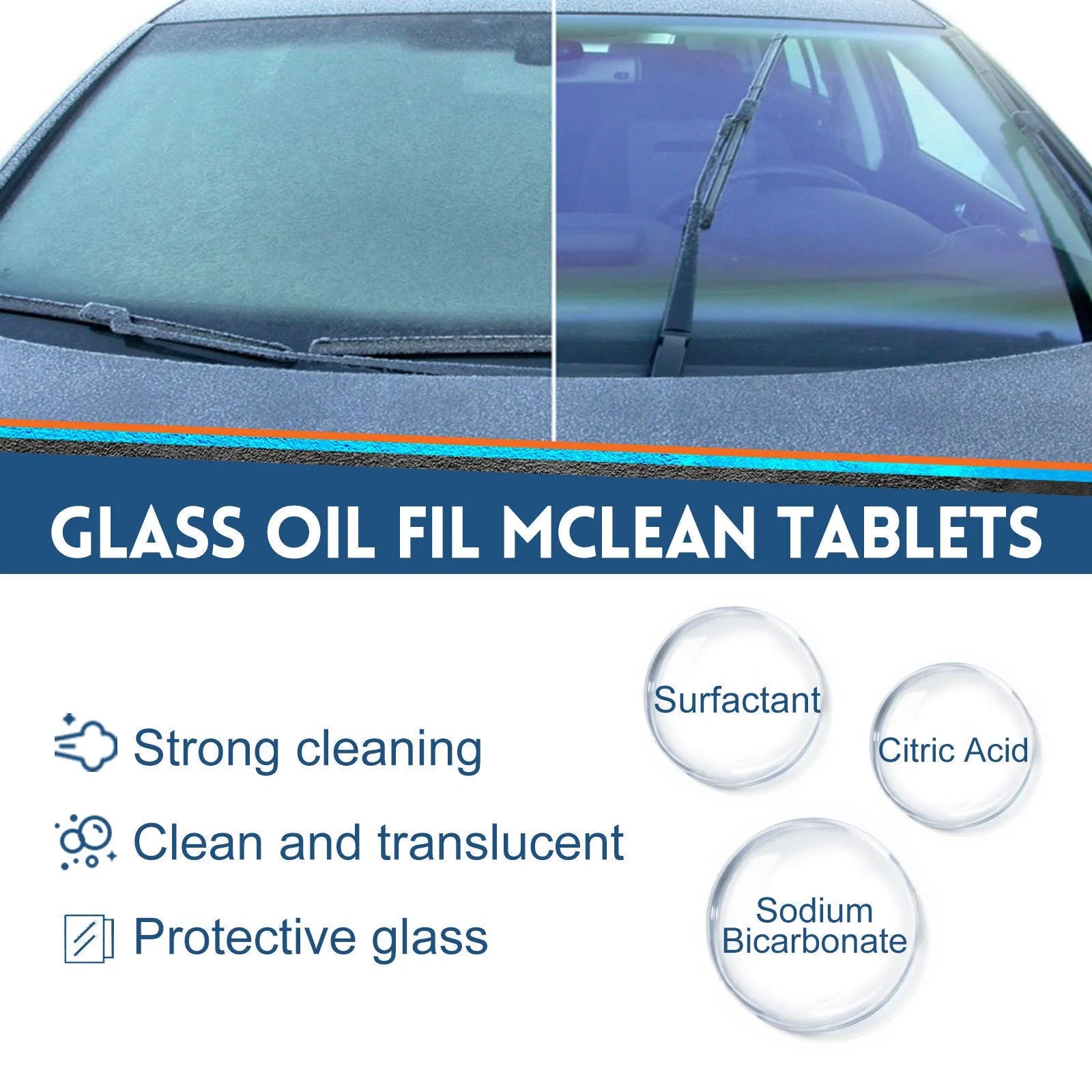Box of thirty car oil-removing film cleaning effervescent tablets with surfactant formula